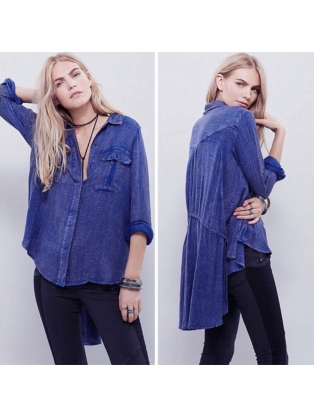 Free People One of the Guys Oversized Blue Waffle Tunic Top Button Up M Boho